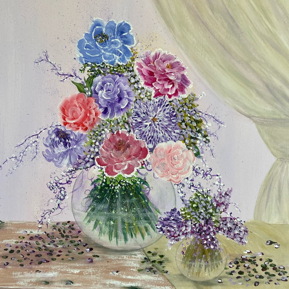 Flower bouquet with curtain backdrop painting